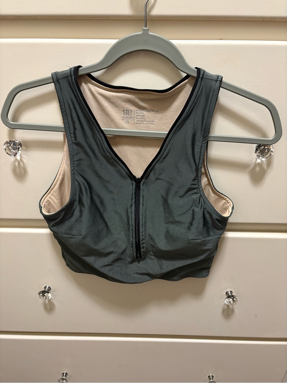 Albion Dark Gray Front-Zip Sports Bra with Cream Lining